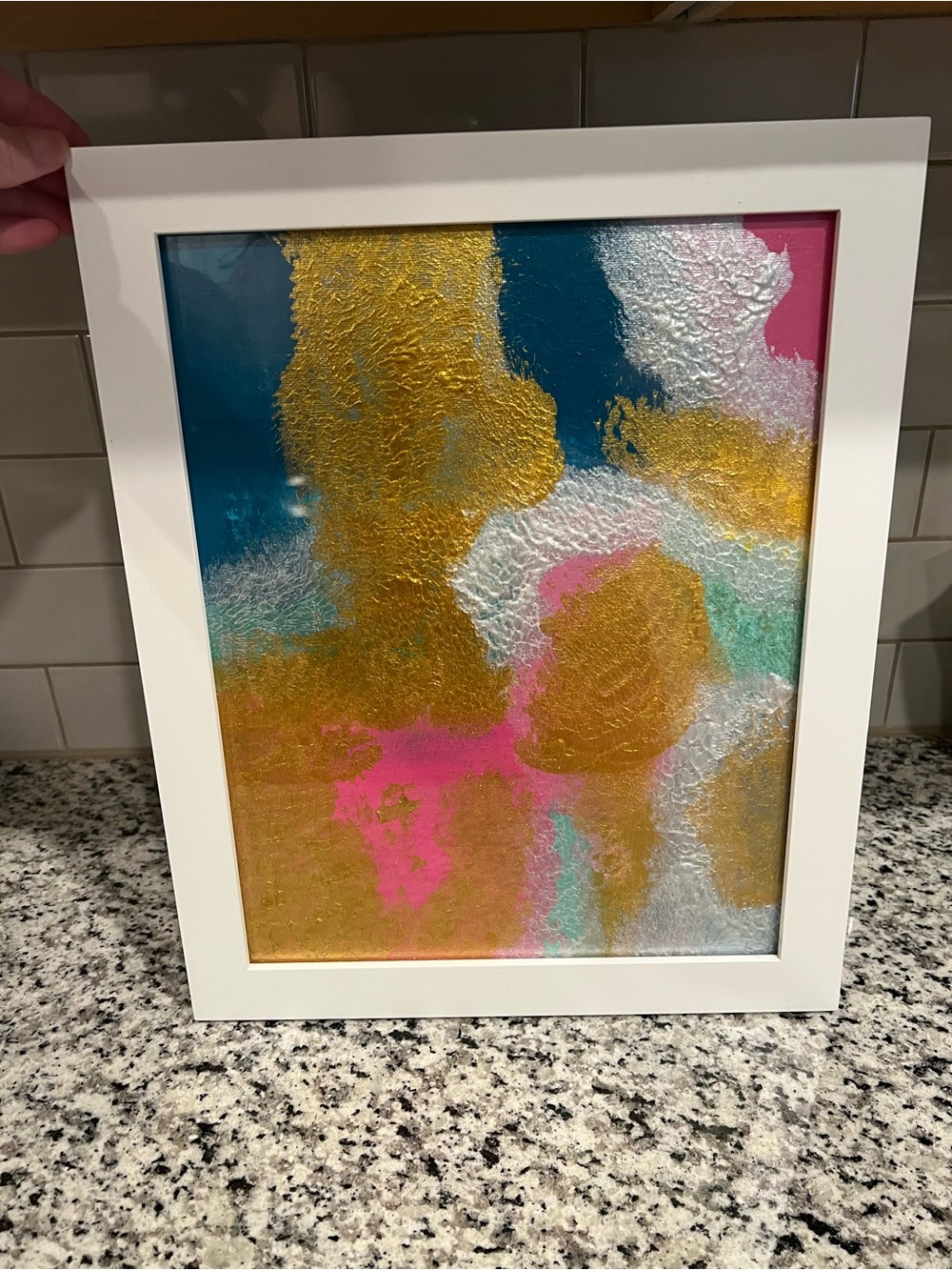 Abstract Fluid Art Framed Painting in Gold, Teal, Pink & White
